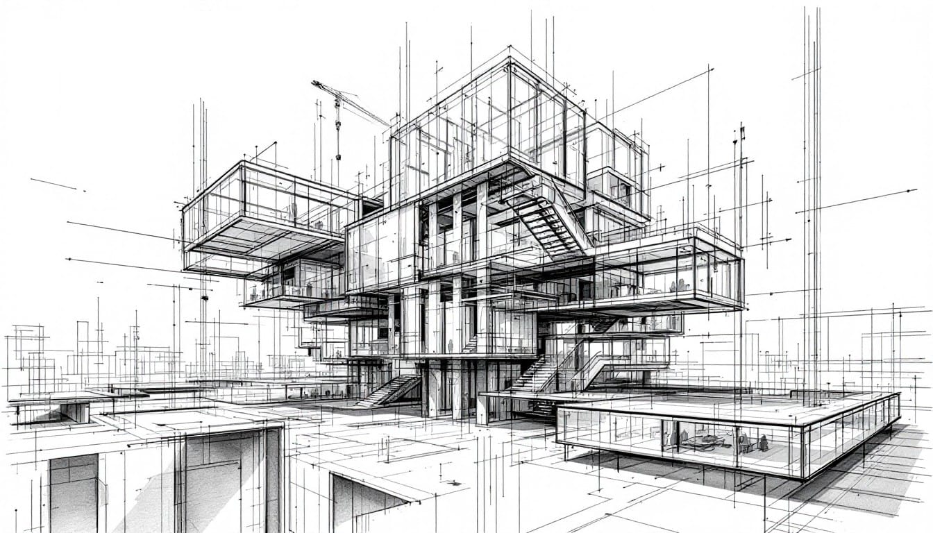 Schizzo architettonico a matita di un edificio, immagine di partenza